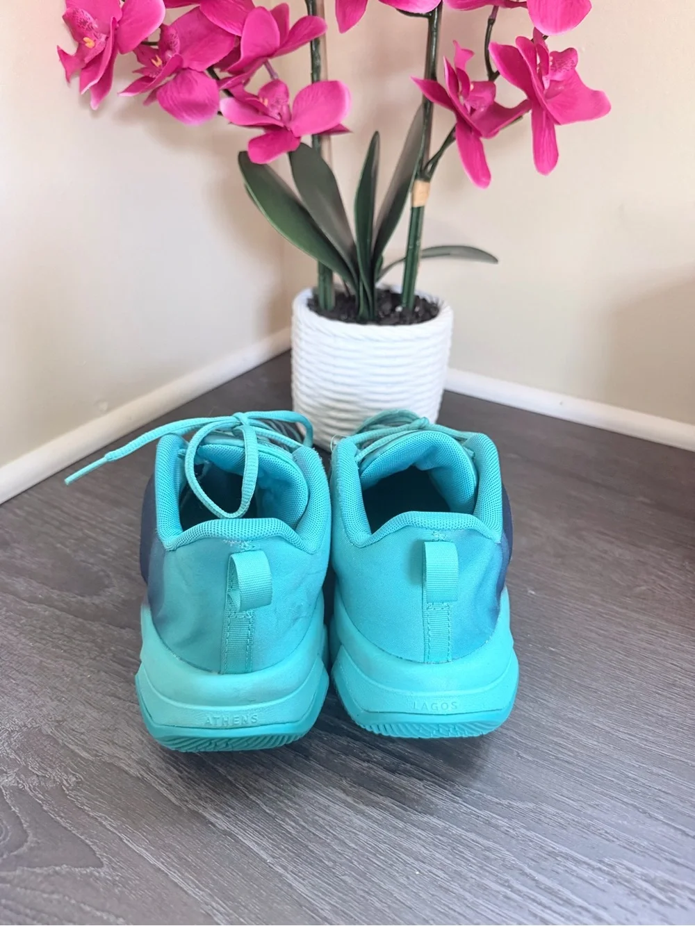 Nike Kids Teal and Navy Sneakers with Pink Swoosh